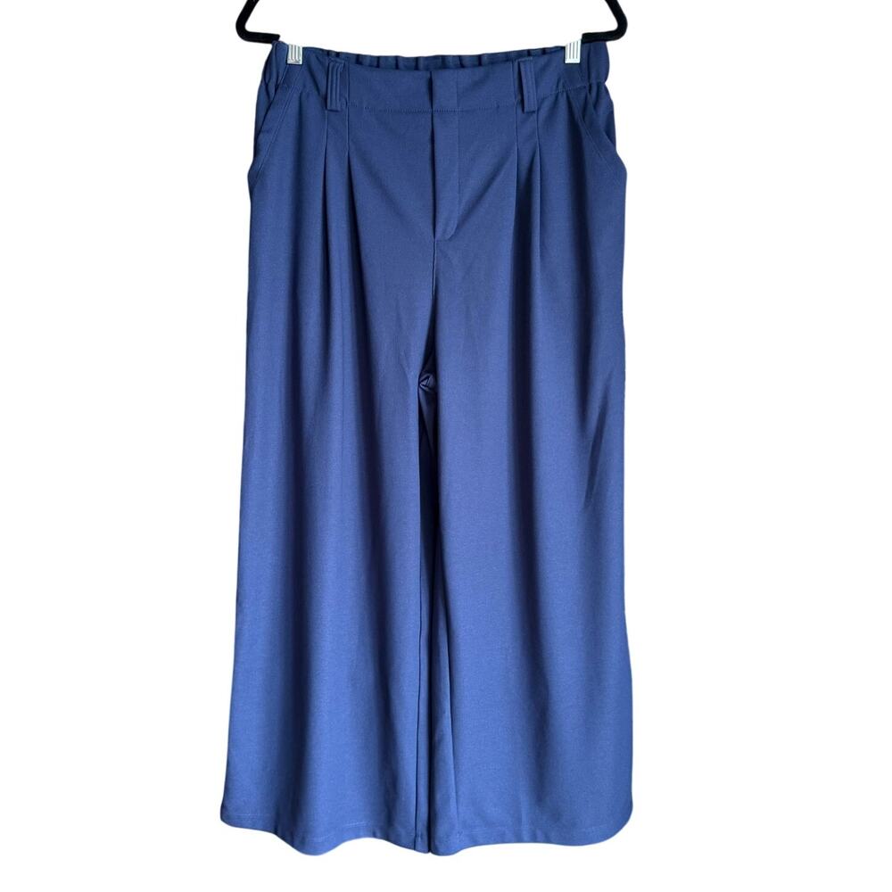 Halara Blue Pull On High Rise Pleated Wide Leg Stretch Knit Trouser Pants Sz LP - Picture 2 of 15
